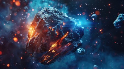 Meteorite asteroid made of futuristic shiny ice rock, floating in space. glowing across the vastness of outer space spinning around creating a sense of awe-inspiring majesty in outer space