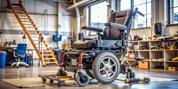 A powered wheelchair being repaired in a workshop , wheelchair, workshop, maintenance, repair, equipment
