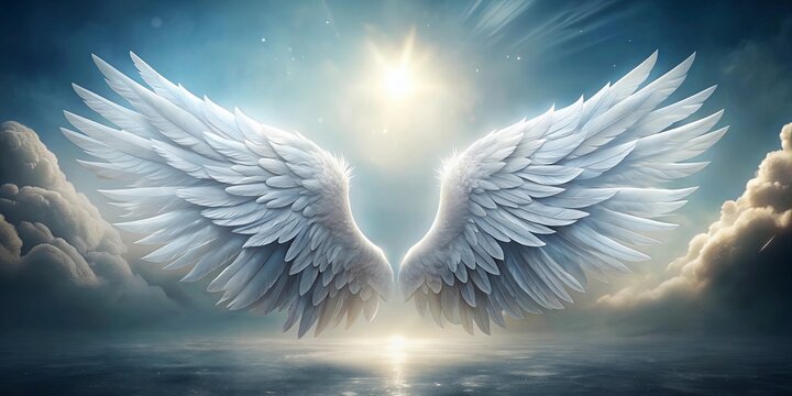 Photorealistic angel wings floating on a background, angel, wings, feathers, white, heavenly, ethereal, divine, spiritual - Powered by Adobe