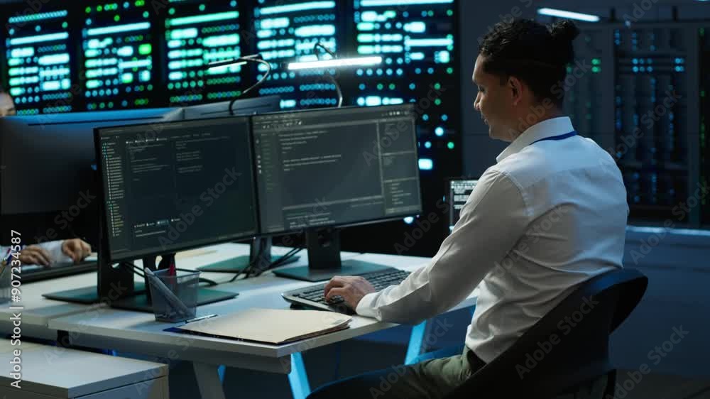 Poster data center system administrator responsible for installation of networking equipment solving tasks.