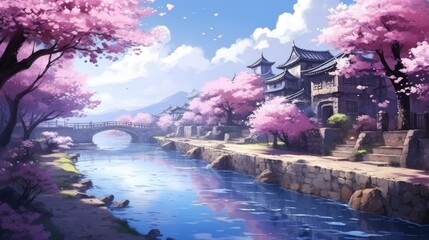 Fototapeta premium Serene anime landscape with cherry blossoms in full bloom by a tranquil river