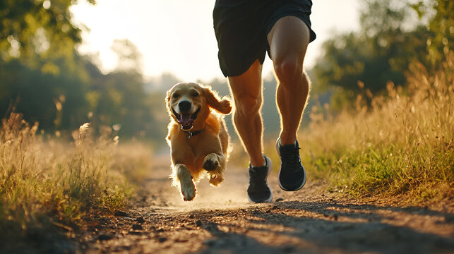 hombre corriendo junto con su perro con su mascota al aire libre entrenamiento y diversion haciendo ejercicio compa&ntilde;erismo y amistad