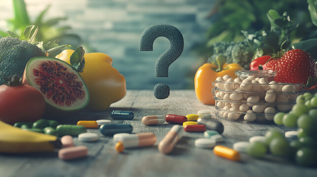comida saludable y comida nutritiva o tomar medicamentos y pastillas vida sana o visa sedentaria 