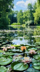 lagoon or pond with flowering water lilys