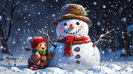 Fototapeta premium illustration of a child with a snowman, winter activities