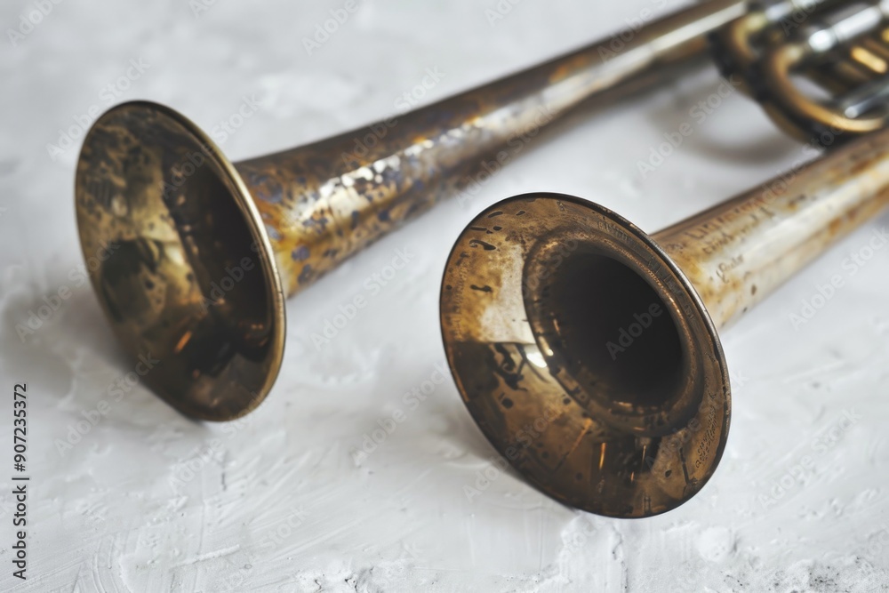 Wall mural Two brass trumpets on a table in a close-up shot, ideal for music-related uses