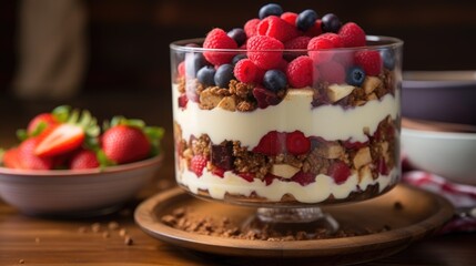 Side view of a layered parfait with fresh berries and granola