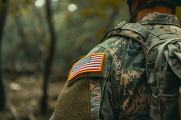 Close-Up of American Soldier's Uniform with US Flag Patch