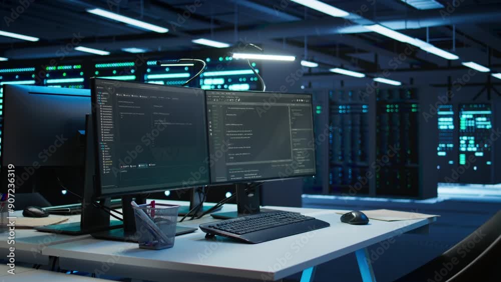 Poster computers in data center used for managing infrastructure rigs energy consumption. pc screens in hig