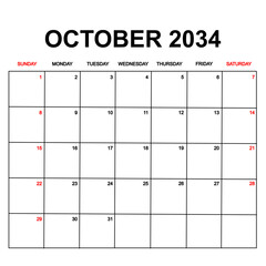 october 2034. Calendar with holydays or red dates. monthly 2034. calendar design with week starts on sunday. printable, simple, and clean vector design isolated on white background.