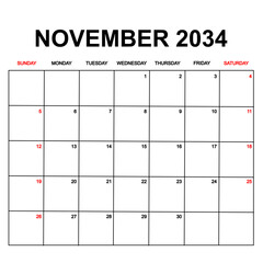 november 2034. Calendar with holydays or red dates. monthly 2034. calendar design with week starts on sunday. printable, simple, and clean vector design isolated on white background.