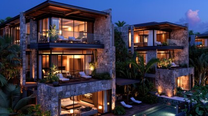 Luxurious modern villas with outdoor pools and lush surroundings by night, featuring elegant stone architecture and cozy lighting.