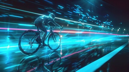 A cyclist is cycling on a highway, distance, cinematic futuristic motion blur effect, capturing action and movement and speed
