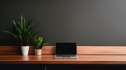 Fototapeta premium Sleek desk with a minimalist laptop and potted plant