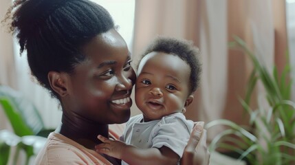 An African American mother beams at her baby, who is around 6 months old, while holding him close.