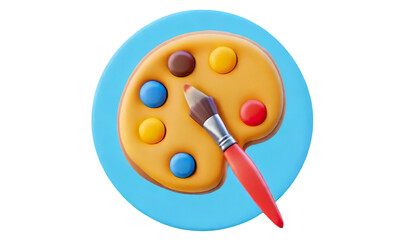 A blue and yellow plate with a red brush and a bunch of colorful candies