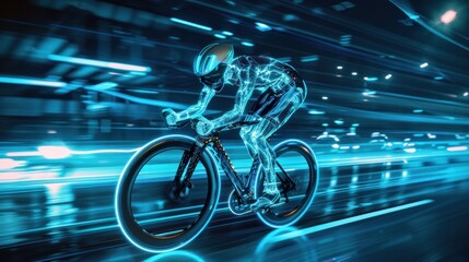 A cyclist is cycling on a highway, distance, cinematic futuristic motion blur effect, capturing action and movement and speed