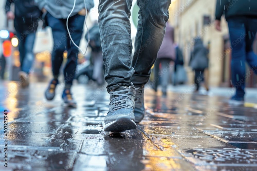 Poster Group of individuals navigating through rain-soaked pavement, suitable for use in weather-related or urban scene contexts
