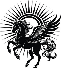 A stylized silhouette of a winged horse in a dynamic rearing pose