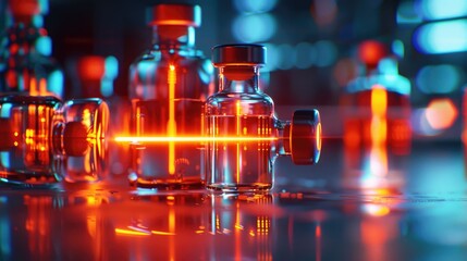 Glass Vials with Orange Light and Blue Bokeh Background