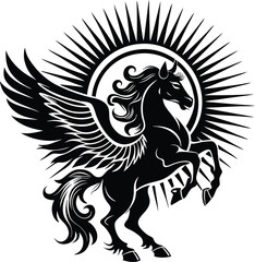 A stylized silhouette of a winged horse in a dynamic rearing pose