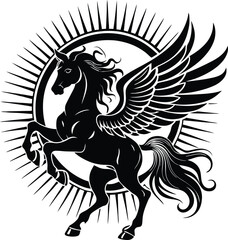 A stylized silhouette of a winged horse in a dynamic rearing pose