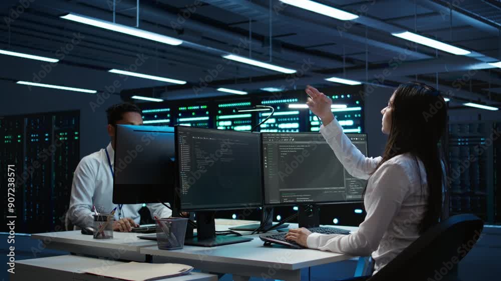 Poster engineer using augmented reality tech in data center, installing software, troubleshooting issues. i