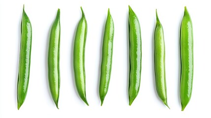 A collection of green bean halves, showcasing their crisp texture and bright green color. Perfectly isolated on white for a clean, fresh look
