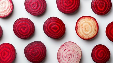 Obraz premium A collection of beetroot halves, highlighting the varied textures of the skin and flesh. The rich colors stand out crisply against white