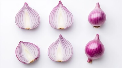 A collection of shallot halves and slices, neatly arranged in a minimalist style. The vibrant purple and white hues pop against a plain white background
