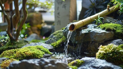 A serene water feature surrounded by lush moss and stones, creating a peaceful atmosphere for relaxation and meditation.