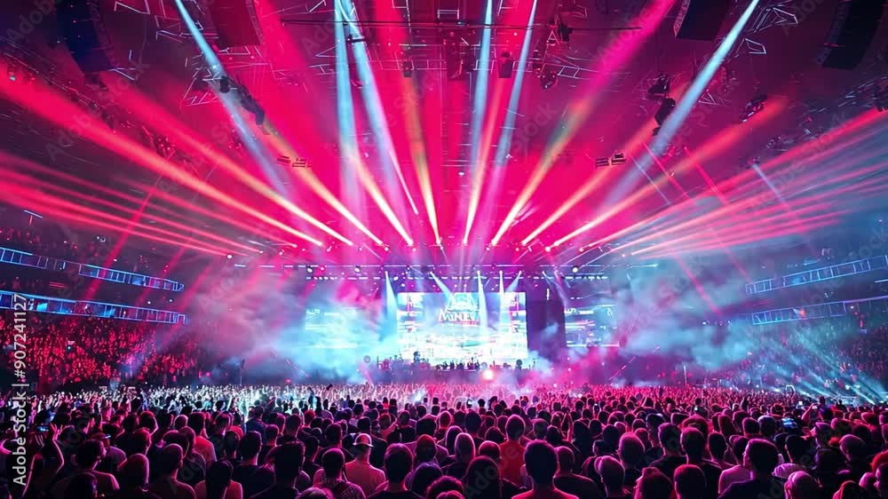 Poster concert attendees cheer as vibrant laser lights illuminate the arena, creating an electrifying atmos