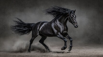 Black Stallion Running Through Dust