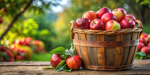 Rustic red apple basket overflowing with fresh farm bounty , Harvest, fruit, basket, organic, rustic, country, autumn, produce