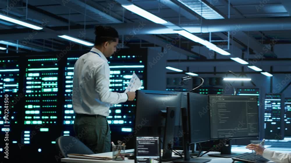 Poster admin in data center working with colleague to maintaining accurate documentation of equipment, gene