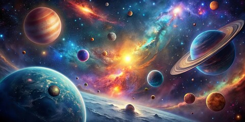 Futuristic cosmic deep space scene with a beautiful and scary space galaxy, planets, moons, nebulae, star explosions