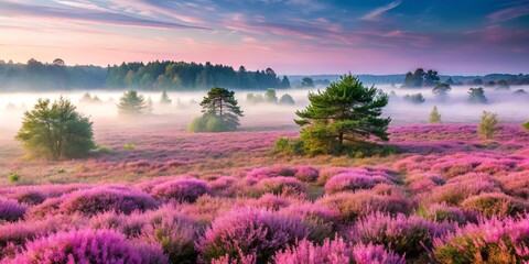 Obraz premium Landscape of L?neburger Heide with vibrant pink heather flowers and misty fog, heather, flowers, mist, fog, landscape, nature