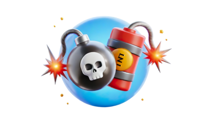 A bomb with a skull on it is surrounded by a red and blue explosion