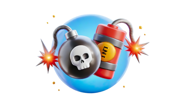 A bomb with a skull on it is surrounded by a red and blue explosion