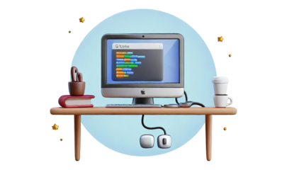 A computer monitor sits on a desk with a book and a cup of coffee