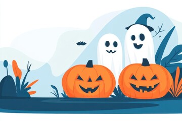 Ghosts and goblins, playful Halloween night, flat design illustration