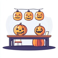 Halloween classroom, spooky decorations, playful learning, flat design illustration