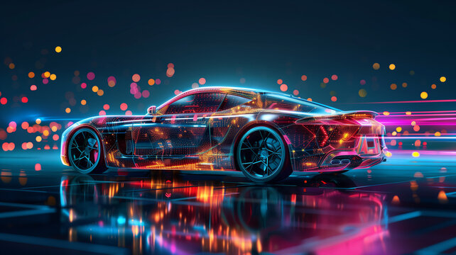 Futuristic hologram sports car on dark background - Powered by Adobe