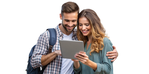 Beautiful Happy Young Couple Using Digital Tablet Isolated Transparent PNG