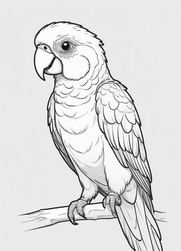 recommend clip art: It is a cute parrot, with big pretty eyes, simple outlines and shapes, a coloring page black and white comic book flat vector, and a white background