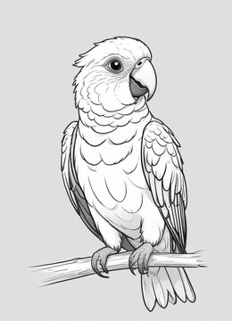 recommend clip art: It is a cute parrot, with big pretty eyes, simple outlines and shapes, a coloring page black and white comic book flat vector, and a white background