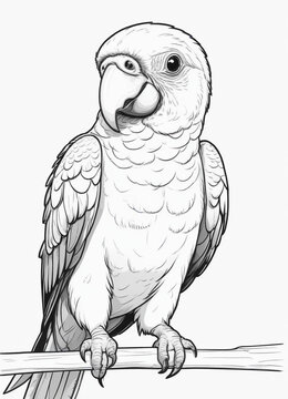 recommend clip art: It is a cute parrot, with big pretty eyes, simple outlines and shapes, a coloring page black and white comic book flat vector, and a white background