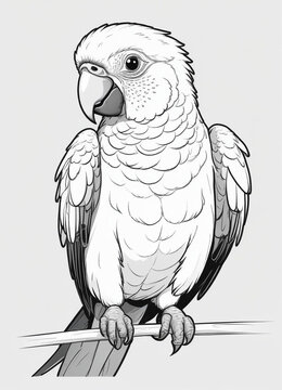 recommend clip art: It is a cute parrot, with big pretty eyes, simple outlines and shapes, a coloring page black and white comic book flat vector, and a white background