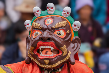 Close up of a colorful mask worn by Buddhist monks during Hemis Monastery festival at Leh, Ladakh...