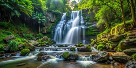 Obraz premium Waterfall cascading down rocks in a lush forest setting, waterfall, forest, nature, scenic, landscape, flowing water, serene, tranquil